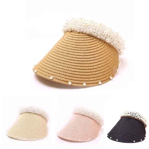 Sombrero Visera De Paja Para Mujer Decoración Perlas Artificiales Sombrero Sol Parte Superior Vacía Ala Ancha Playa Vacaciones Elegante Estilo Diadema