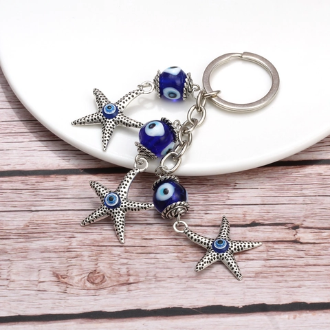 Evil Eye Schlüsselanhänger Mit Seestern Anhängern Blaue Glasperlen Legierung Glücksbringer Tasche Anhänger