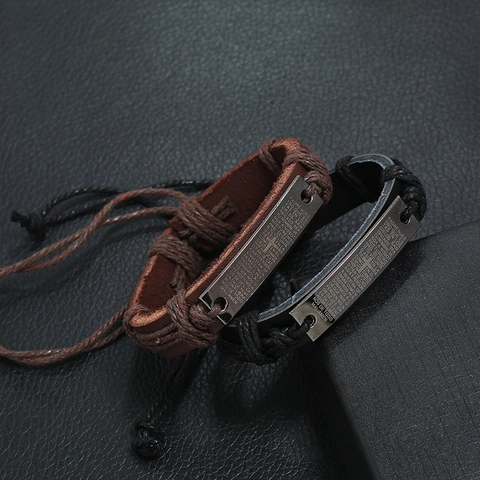 Bracciale In Pelle Intrecciata Con Placca In Metallo Incisa Padre Nostro In Spagnolo Gioiello Religioso Vintage Punk Uomo Regolabile