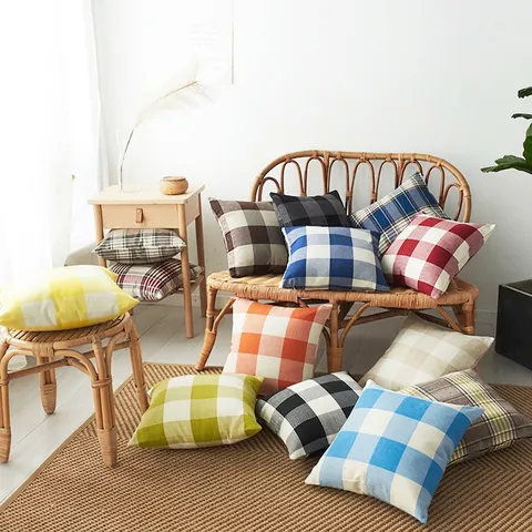 Karierte Kissenbezüge Polyester Leinen Mischung Dekorative Kissenhüllen Für Sofa Bett Moderner Landhausstil Unsichtbarer Reißverschluss