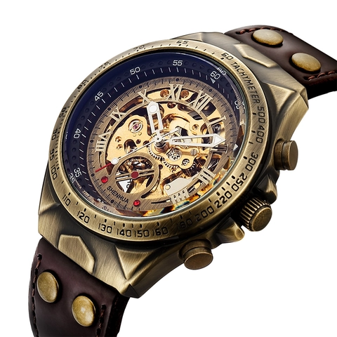 Herren Automatik Mechanische Uhr Retro Skelett Design Bronze Legierung Gehäuse Echtes Leder Nietband Wasserdichte Armbanduhr