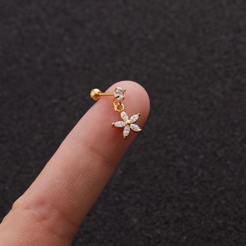 Stainless Steel Cartilage Earring Stud Screw Back Micro Pave Zircon Dangle Charm Cross Heart Star Flower Piercing Jewelry