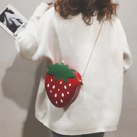 Sac À Épaule Fraise Mignon Forme Fruit Cuir PU Verni Chaîne Métal Sac Bandoulière Kawaii Nouveauté Femmes Filles