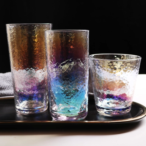 Hammered Iridescent Glass Cup Rainbow Crystal Tumbler Japanese Style Heat Resistant Drinkware For Juice Water