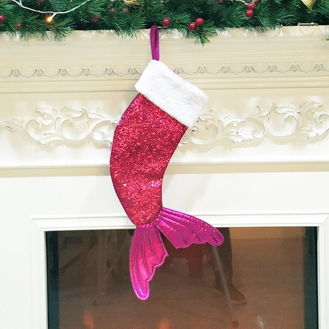 Mermaid Tail Christmas Stocking Sequin Faux Fur Trim Hanging Holiday Ornament Festive Home Decor Glitter