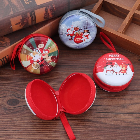 Weihnachten Runde Münzbörse Weißblech Mini Kopfhörer Aufbewahrungstasche Reißverschluss Tasche Kinder Party Geschenk Cartoon Weihnachtsmann
