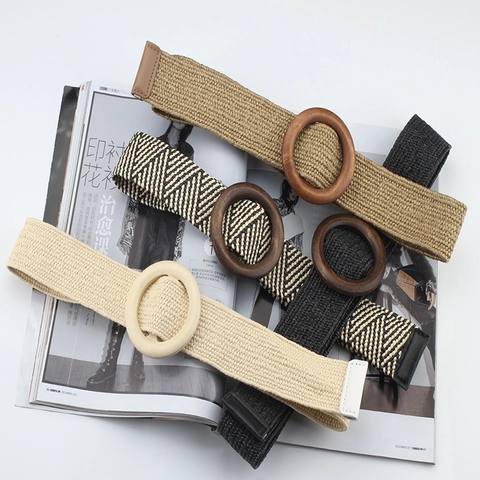Women Woven Elastic Straw Belt With Round Wooden Buckle Bohemian Summer Dress Waistband Casual Stretch Accessories