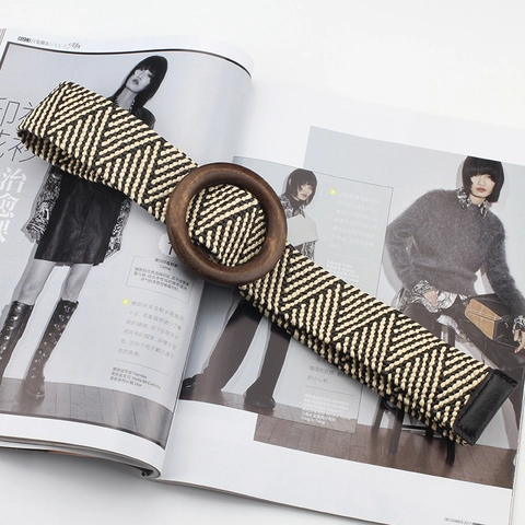 Women Woven Elastic Straw Belt With Round Wooden Buckle Bohemian Summer Dress Waistband Casual Stretch Accessories