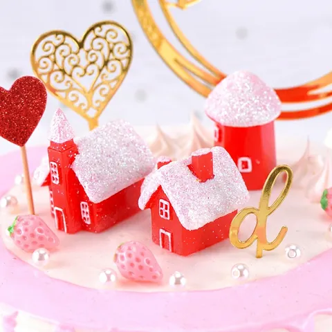 Mini Christmas House Miniature Figurine Resin Red Cabin With Glitter Snow Roof Landscape DIY Decor Cake Topper