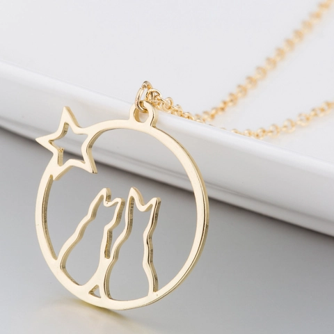 Collier Pendentif Chats Et Étoile En Acier Inoxydable Cercle Rond Évidé Bijoux De Mode Pour Femmes