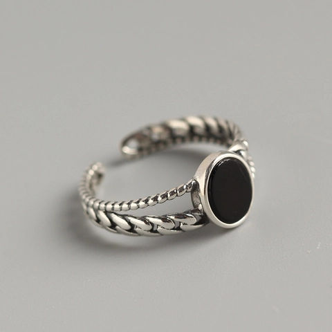 Retro 925 Sterling Silber Offener Ring Mit Ovalem Schwarzen Achat Doppelschicht Geﬂochtenem Seil Ketten Design