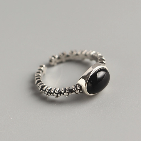 Anillo In Argento 925 Agata Nera Vintage Gemma Ovale Regolabile Aperto Testurizzato Gioielli Per Donne