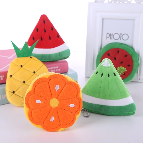 Cute Fruit Shaped Plush Coin Purse Mini Wallet With Zipper And Bead Chain Soft Cartoon Strawberry Watermelon Keychain Pendant