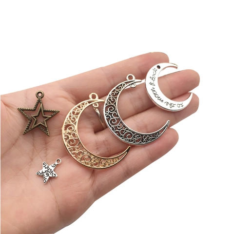 Legierung Mond Stern Anhänger Vintage Hohl Filigran Graviert To The Moon And Back Für DIY Schmuckherstellung Halsketten