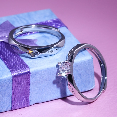 Copper Couple Rings Silver Plated Cubic Zirconia Adjustable Open Jewelry Engraved Her King His Queen Romantic Promise