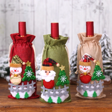 Christmas Wine Bottle Covers Rustic Burlap Wine Bags Santa Snowman Pattern For Holiday Party Dining Table Decor Gift Bags