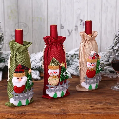 Christmas Wine Bottle Covers Rustic Burlap Wine Bags Santa Snowman Pattern For Holiday Party Dining Table Decor Gift Bags