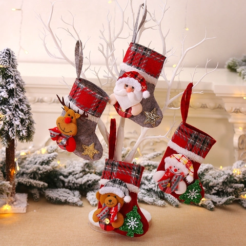 Decorazione Calza di Natale Mini Ornamenti Appesi Plaid 3D Babbo Natale Pupazzo di Neve Renna Orso Bambola di Peluche Camino