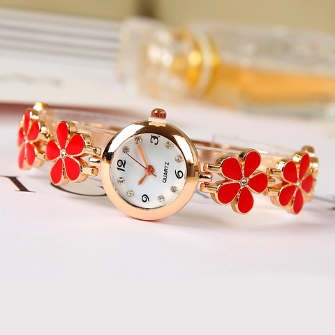 Orologio Quarzo Donna Cinturino Fiori Elegante Gioielli Moda Strass Lega Acciaio Inossidabile Chiusura Quadrante Rotondo