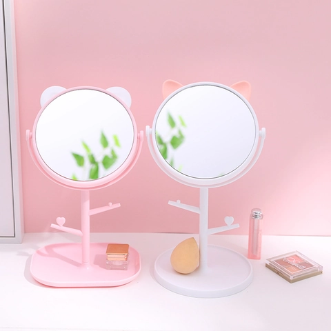 Miroir De Maquillage De Bureau Avec Oreilles Animaux Miroir Rotatif En Verre Plastique Avec Porte Bijoux Et Plateau De Rangement