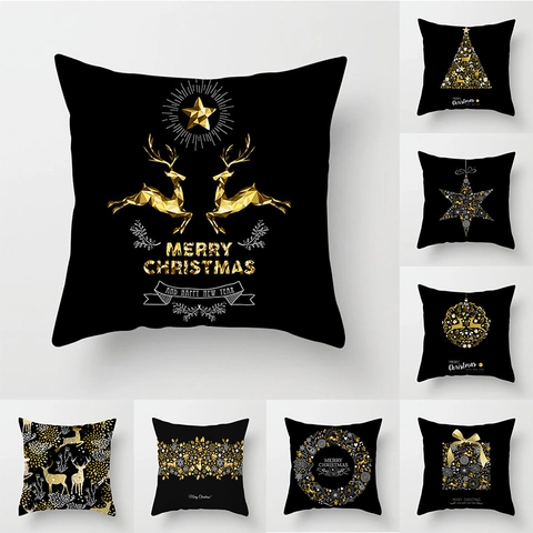 Weihnachts Kissenbezug Schwarz Gold Rentier Schneeflocke Pfirsichhaut Polyester Quadratisch Kissenhülle Heim Büro Dekor