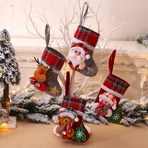 3D Weihnachtsstrumpf Aufhänger Plaid Stoff Weihnachtsmann Schneemann Bär Rentier Für Weihnachtsbaum Heim Party Dekoration