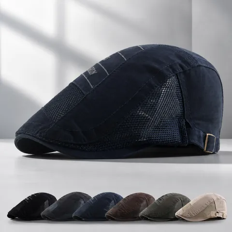 Fashion Cotton Mesh Patchwork Beret Cap Breathable Adjustable Flat Cap For Men Summer Sun Protection Ivy Hat Accessory