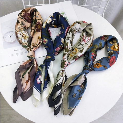 Foulard Quadrato Vintage Donna Stampa Floreale Insetti Sensazione Raso Raso Artificiale Bandana Cerchietto Accessorio Capelli