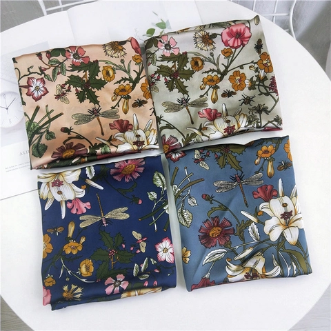 Foulard Quadrato Vintage Donna Stampa Floreale Insetti Sensazione Raso Raso Artificiale Bandana Cerchietto Accessorio Capelli
