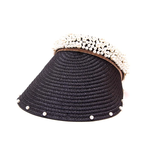 Sombrero de Paja Elegante para Mujer con Visera Decorado con Perlas Artificiales para Playa y Vacaciones Protección UV Accesorios de Verano
