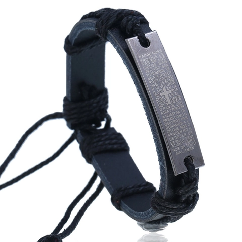 Bracciale In Pelle Intrecciata Con Placca In Metallo Incisa Padre Nostro In Spagnolo Gioiello Religioso Vintage Punk Uomo Regolabile