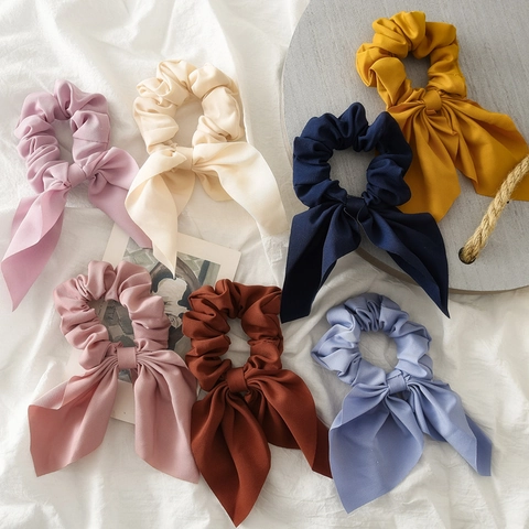 Strik Lint Scrunchie Stof Elastische Haarband Met Lange Streamer Elegante Paardenstaart Houder Mode Voor Dames