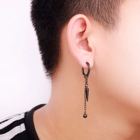 Stainless Steel Tassel Chain Hoop Earrings With Spike Cone And Ball Pendants Punk Hip Hop Style For Men Women