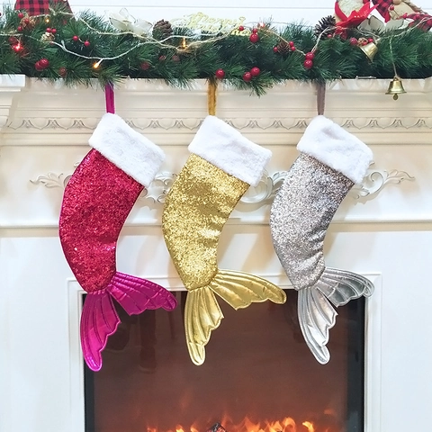 Mermaid Tail Christmas Stocking Sequin Faux Fur Trim Hanging Holiday Ornament Festive Home Decor Glitter