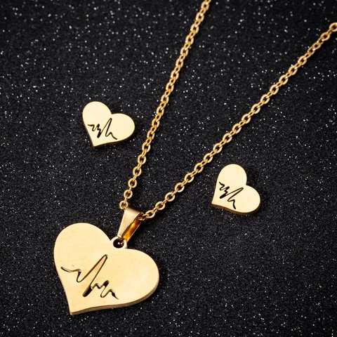 Collier Boucles D'oreilles Coeur Motif ECG Battement De Coeur Acier Inoxydable Mode Douce Accessoires Femmes