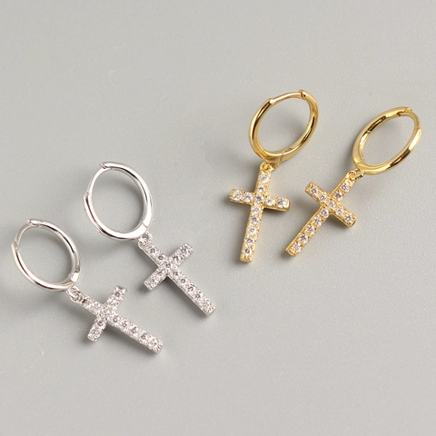 Pendientes De Aro Con Cruz De Plata De Ley 925 Circonita Cúbica Joyería De Moda Para Mujeres Niñas Regalo