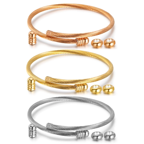 Bracciale a Cerchio da Donna in Acciaio Inossidabile con Cavo Torsidato Minimalista Regolabile Aperto con Perline Rimovibili Gioielli Moda