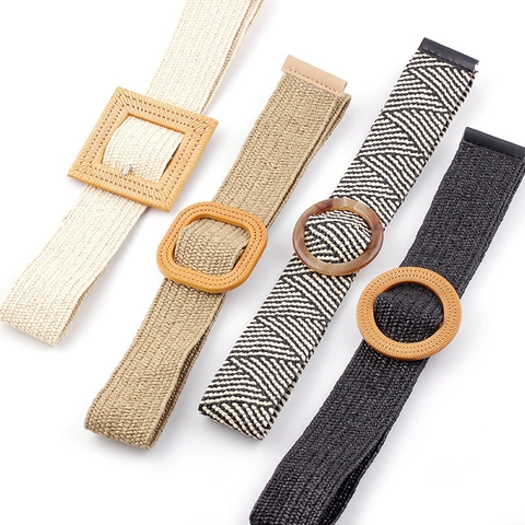 Women Bohemian Woven Waist Belt Casual Straw Style PP Woven Belt With Vintage Wood Pattern Plastic Buckle For Vacation