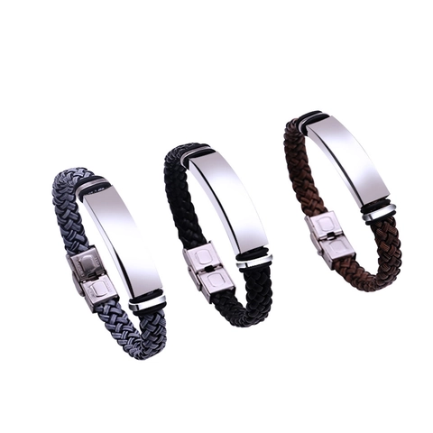 Men Woven Leather Bracelet With Polished Stainless Steel ID Plate Minimalist Geometric Style Jewelry
