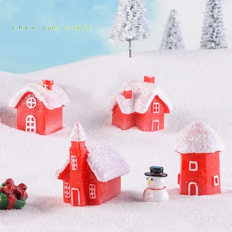 Mini Christmas House Miniature Figurine Resin Red Cabin With Glitter Snow Roof Landscape DIY Decor Cake Topper