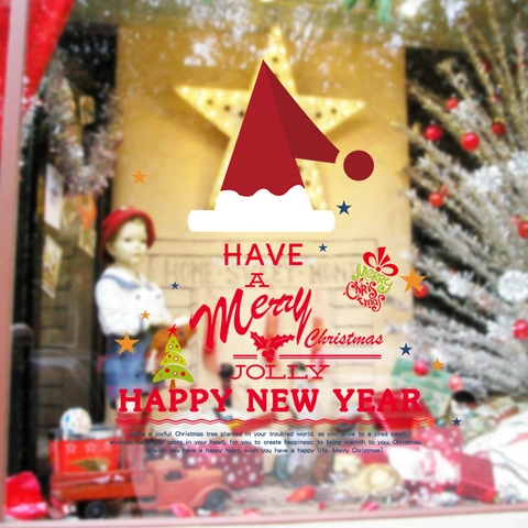 Christmas Wall Stickers PVC Waterproof Removable Santa Hat Stars Window Decals For Home Shop Festive Party Decoration