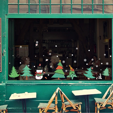 Pegatinas De Pared Árbol De Navidad PVC Impermeable Decoración Ventana Puerta Cristal Muñeco De Nieve Copo Dibujos