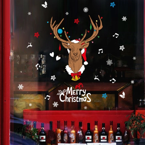 Christmas Reindeer PVC Wall Stickers Merry Christmas Window Decals Snowflake Star Cartoon Festival Home Decor