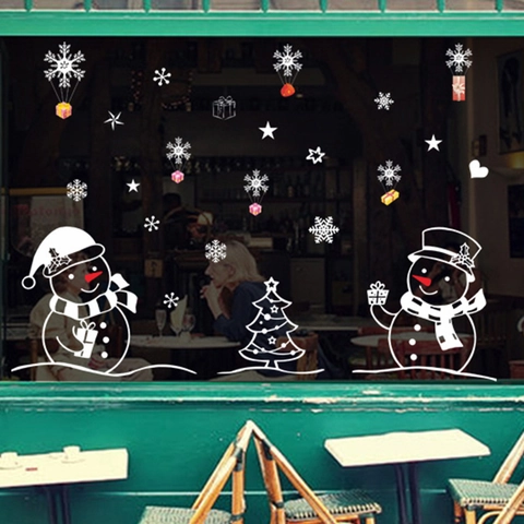Christmas Window Stickers PVC Waterproof Snowman Tree Snowflake Glass Decals For Shop Home Festive New Year Decoration