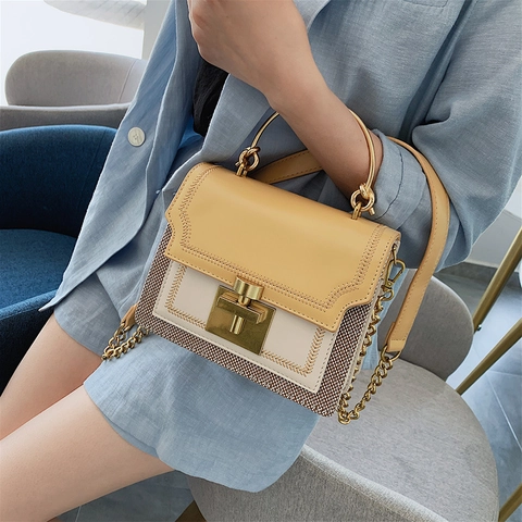Women Color Block Shoulder Bag PU Leather Woven Patchwork Chain Crossbody Handbag With Metal Ring Handle Square Bag