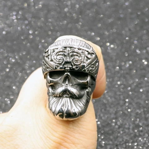 Bague Tête De Mort Barbu En Acier Inoxydable Pour Hommes Style Gothique Punk Biker Rock Bijoux En Acier Titane Poli