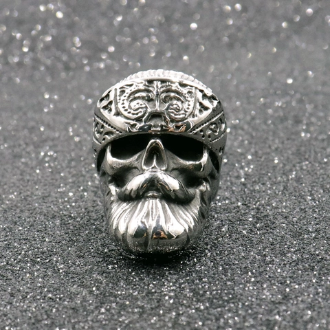 Bague Tête De Mort Barbu En Acier Inoxydable Pour Hommes Style Gothique Punk Biker Rock Bijoux En Acier Titane Poli