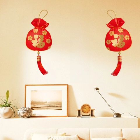 Chinese New Year Window Stickers PVC Removable Spring Festival Lucky Bag Prosperity Wall Decals Home Office Shop Decoration