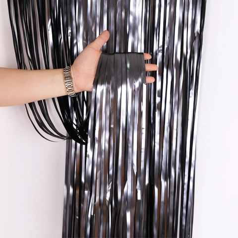 Matte Black Foil Curtain Tinsel Fringe Backdrop Party Halloween Birthday Wedding Stage Decoration Metallic PET