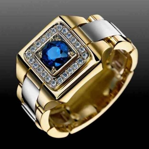 Heren Luxe Bi-Color Horlogeband Stijl Koperen Ring Met Blauwe Zirkonia Vierkante Edelsteen Mode Bruiloft Sieraden Cadeau